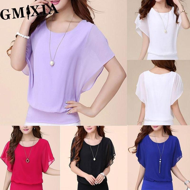 GMXIA Women's Fashion Casual Solid Color Print O Neck Blouses & Shirts
