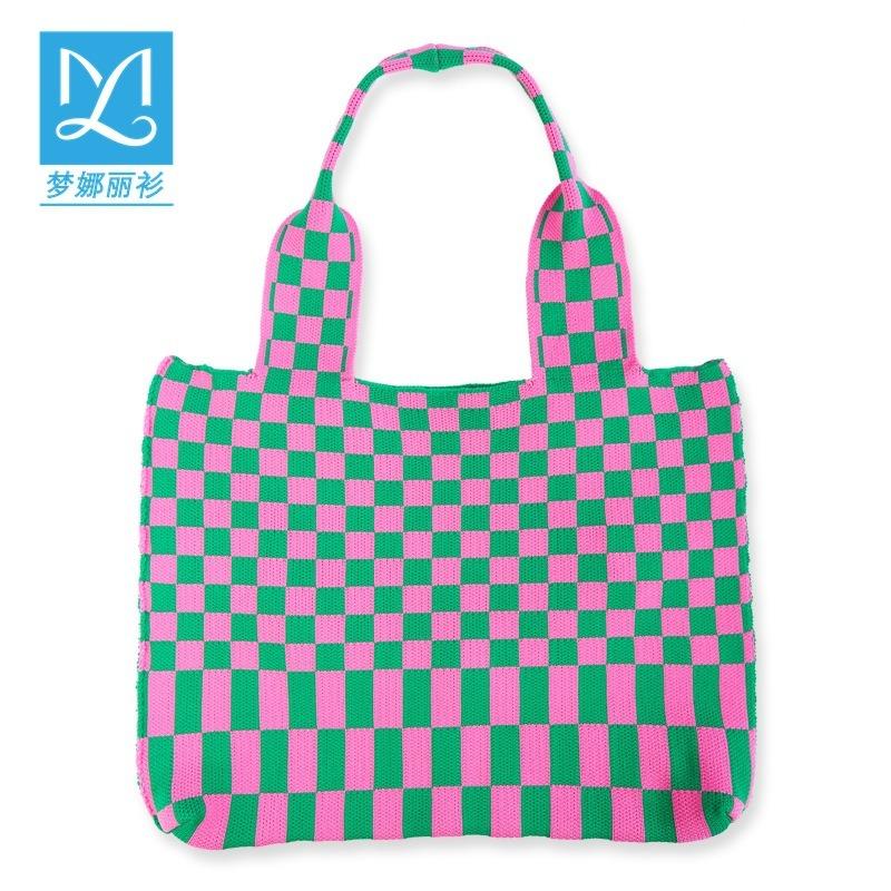 Απλή σκακιέρα πλεκτή τσάντα ώμου Γυναικεία τσάντα αγορών Μεγάλης χωρητικότητας Φοιτητική τσάντα τσάντα πλάτης