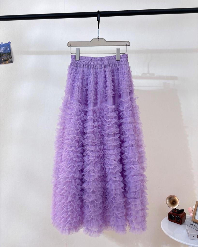 Sweet Apricot Embroidered Mesh Ruffle Midi Skirt - Fluffy, Layered and Versatile for Autumn/Winter