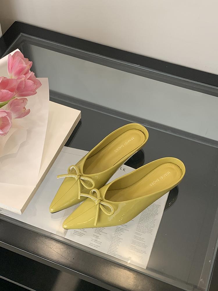 

Модная женская обувь с острым носком Новинка 2025 Туфли-лодочки Женские Туфли на низком каблуке Мюли Модные с бантом Неглубокие Женские Туфли на каблуке Шлепанцы 40 зелёный