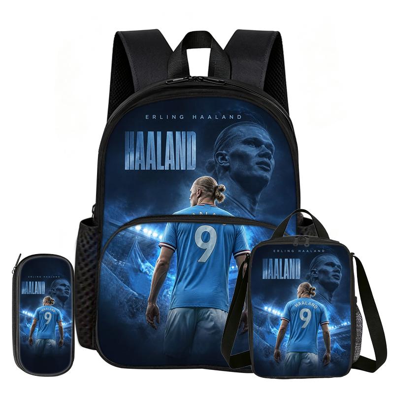 Leer, Reis Voetbalster Schooltas Haaland 3 Delige set met Voorvak Rugzak Lunchtas, Pennenbakje, Sportrugzak