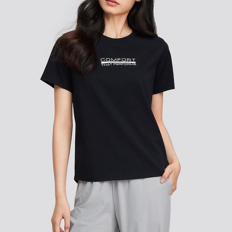 Skechers Letter Print Quick-Dry Breathable Comfortable Round Neck Short Sleeve T-Shirt Women Tops Carbon-Black P224W082-0018