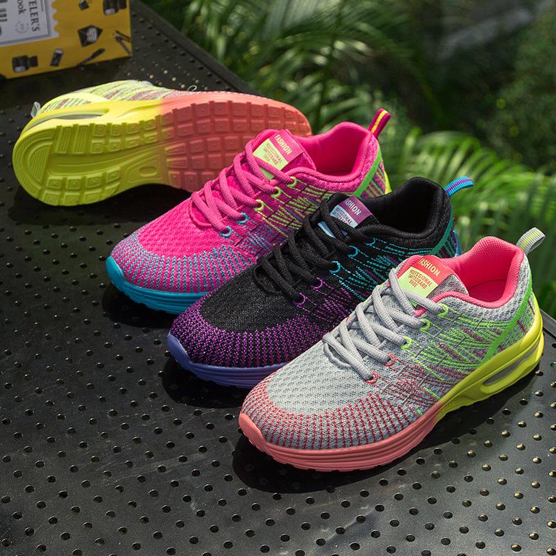 Women Spring Autumn Flyknit Court Shoes Casual Lace Up Outdoor Breathable Sports Shoes Anti Slip Height Increasing Air Cushion Running Shoe 35-42