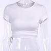 White T Shirt Crop Tops Women Summer Short Sleeve Solid Round Neck Short Tee Top Drawstring Slim Fashion Female Shirts