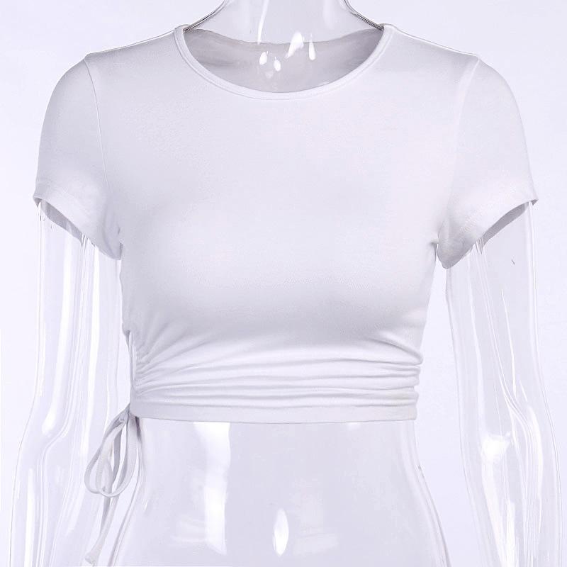 White T Shirt Crop Tops Women Summer Short Sleeve Solid Round Neck Short Tee Top Drawstring Slim Fashion Female Shirts