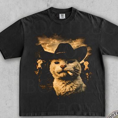 Cat Cowboy Vintage Tee Wild West Sunset. Retro Ranch Ironic Weird Wildlife Funny Cat Lover Gift. 90s Gag Comfort Colors® Graphic T-Shirt
