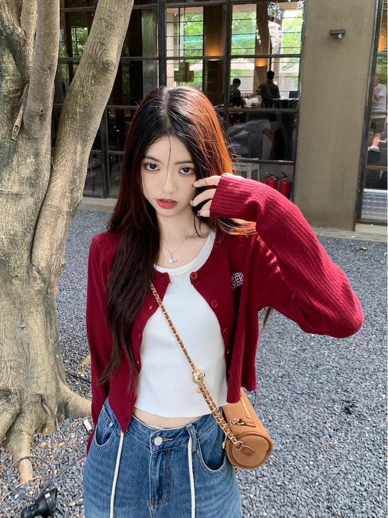Plus Size American Retro Letter Knit Cardigan - Slimming, Short, Hot Girl Style