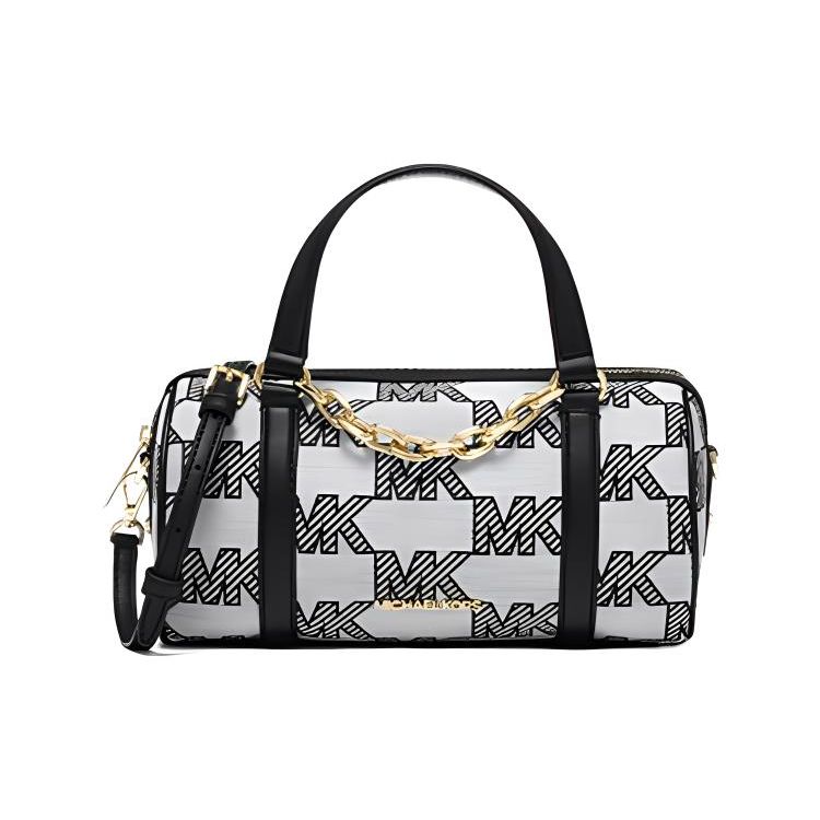 

Michael Kors MK Zooey Logo Print Chain Zip Boston Bag Women Handbags Black Gray 35S3G3ZM6J-001 Basic Set (Bag+Dust Bag)