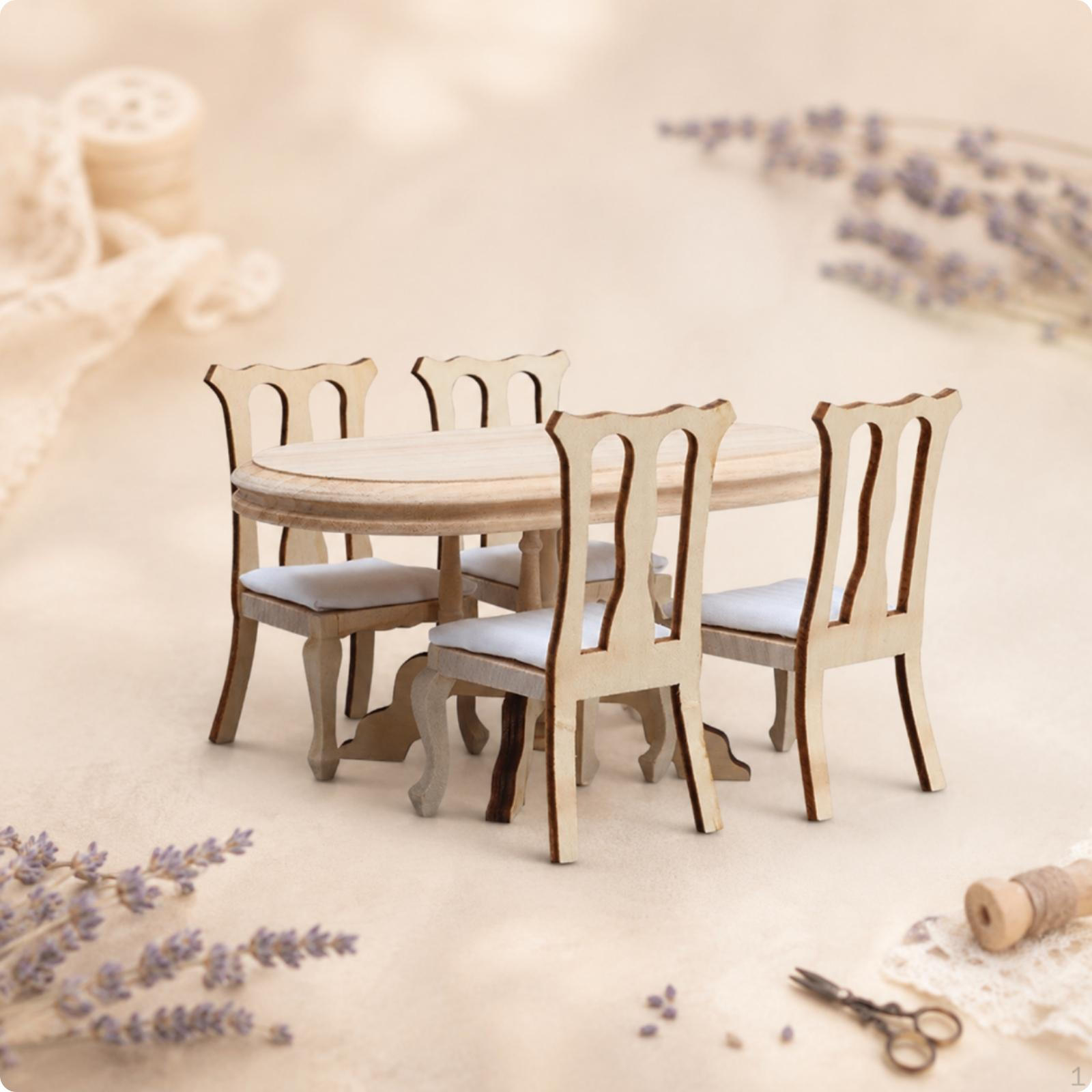 5 Pieces Dollhouse Dining Table and Chairs Textile Cushions 1:12 Scale Wooden