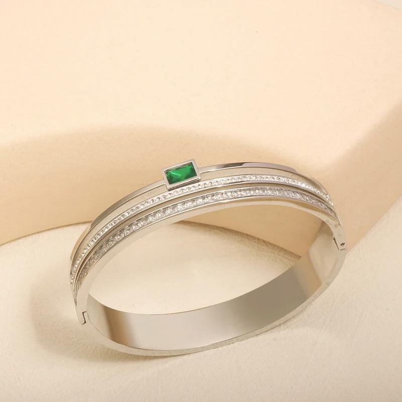 European & American Women's Titanium Steel Bracelet with Green Zircon Crystal and Full Diamond Detail