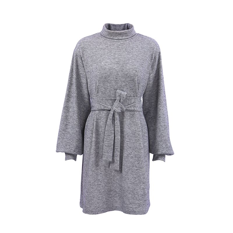 

European and American Commuters Turtleneck Brushed Dress Pure Color Long Sleeves Tight Waist Hip Skirt Lace up Casual Dark gray L