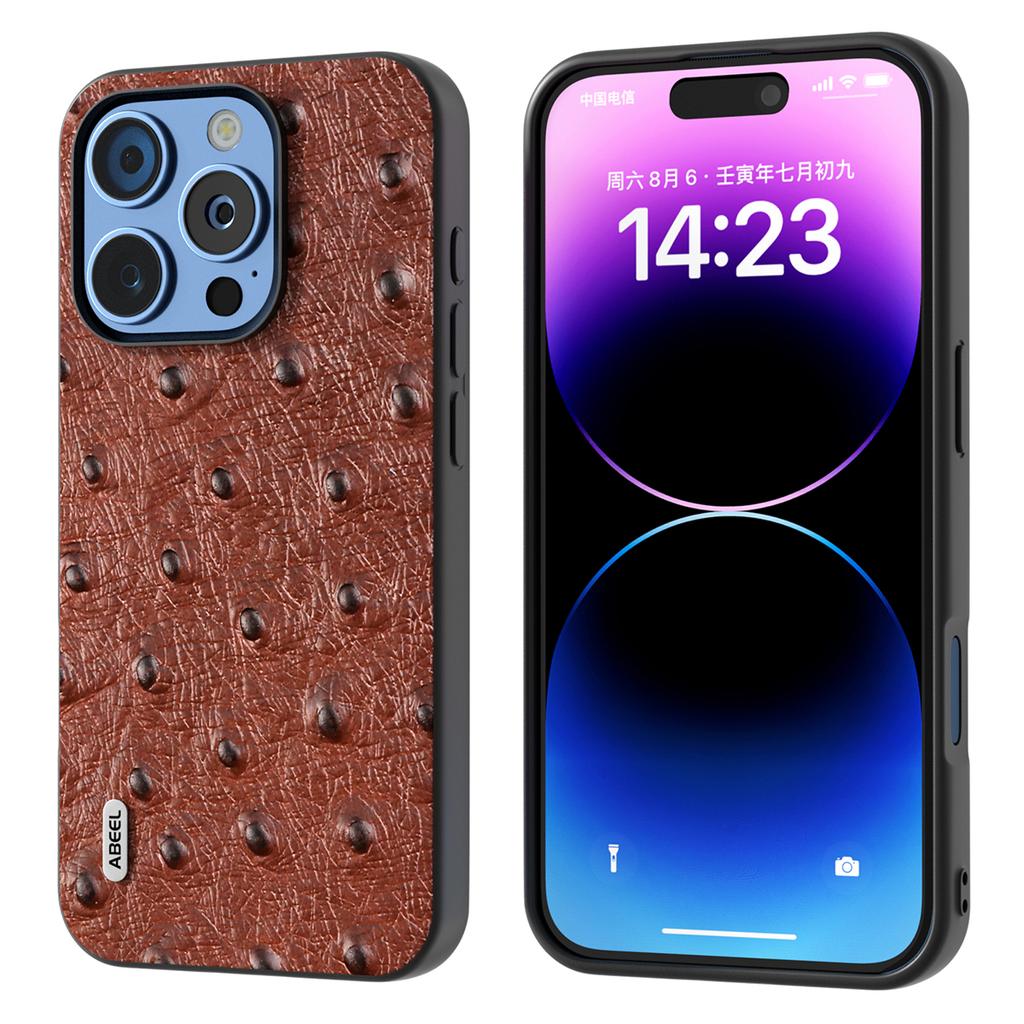 ABEEL For iPhone 16 Pro Case Ostrich Texture Genuine Cow Leather Back Phone Cover