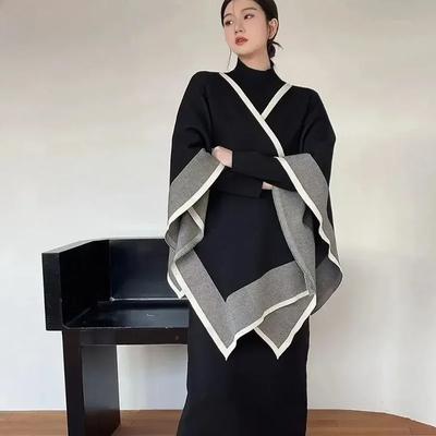 Dámské pletené šaty 2dílné sady Pletené prošívané barevné šálové pončo Oblek Elegantní nadměrný svetr Šaty s polozvýšeným límcem Conjuntos