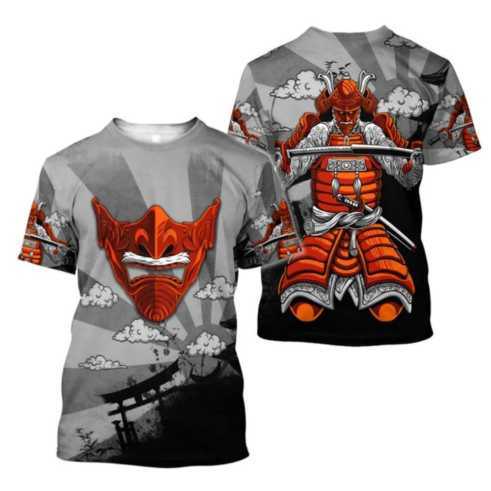 Japanese Harajuku Printing T Shirt For Men Fashion Samurai Mask Graphic T shirts Summer Leisure O-neck Pullover Oversized Tops