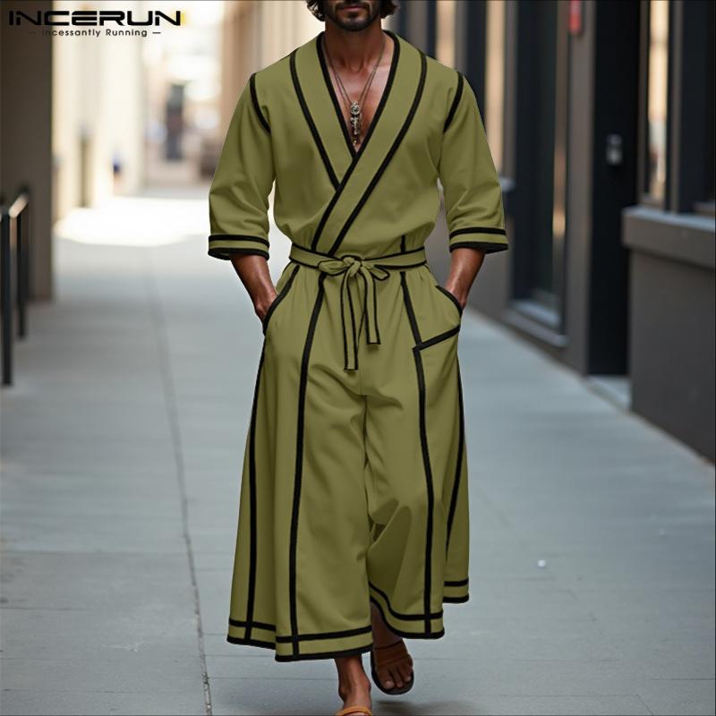 INCERUN 2PCS Men Lapel Neck 3/4 Sleeve Stitching Belt Shirt Long Wide Leg Pants Sets Outfits