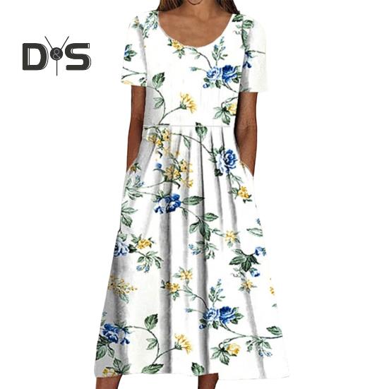 Women's Summer Short Sleeve Dress Casual Floral Print Round Neck Midi Dress with Pockets Flowy A-line Beach Sundress