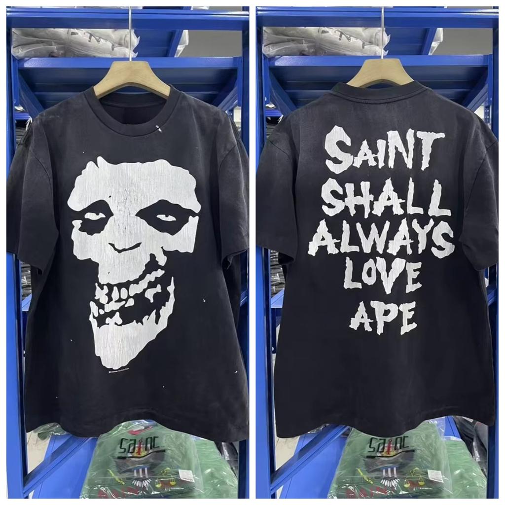 Japanese Street Loose Casual Fashion Tshirt Oversized Unisexs Summer Saint Ss26 Simple Retro Pattern Printed Short Sleeved Shirt