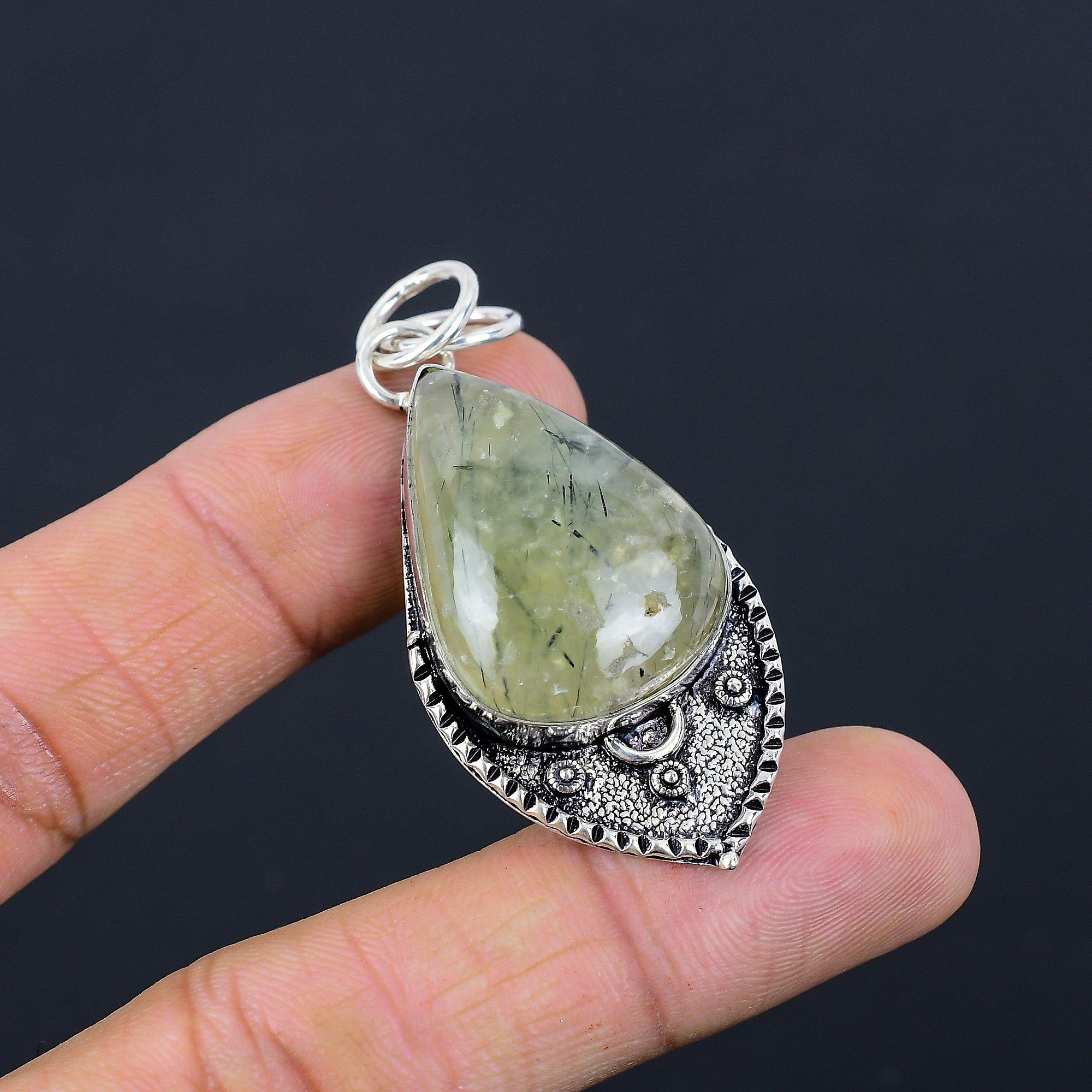 Натуральный Мох Мосс Пренит Драгоценный камень Подвеска 925 Стерлинговое серебро Индийские украшения