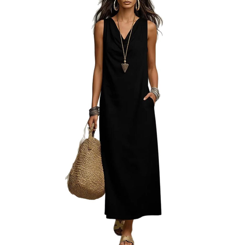 2026 new European and American cross-border Amazon bohemian cotton and linen loose fashion temperament V-neck sleeveless dress