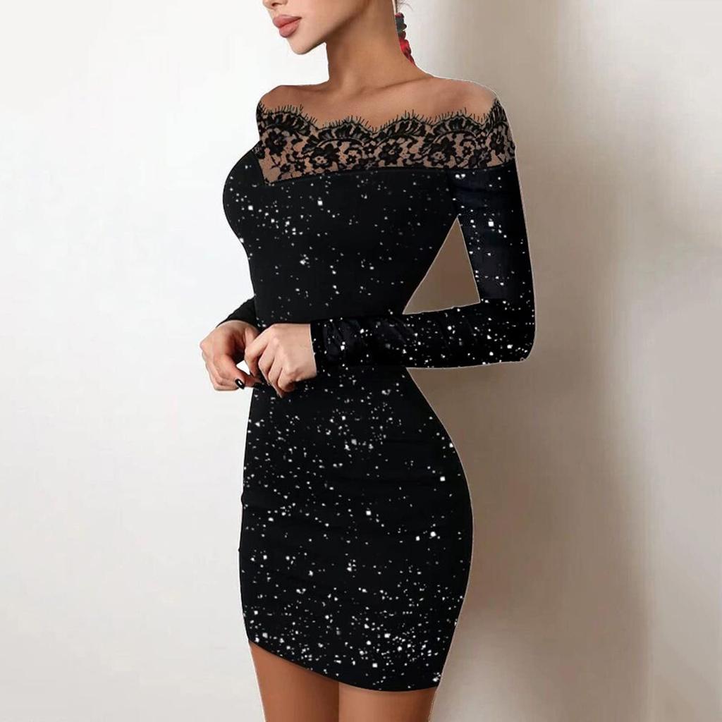 Fashion Womens Loose V-neck Bright Flash Rhinestone Long-sleeved Dress