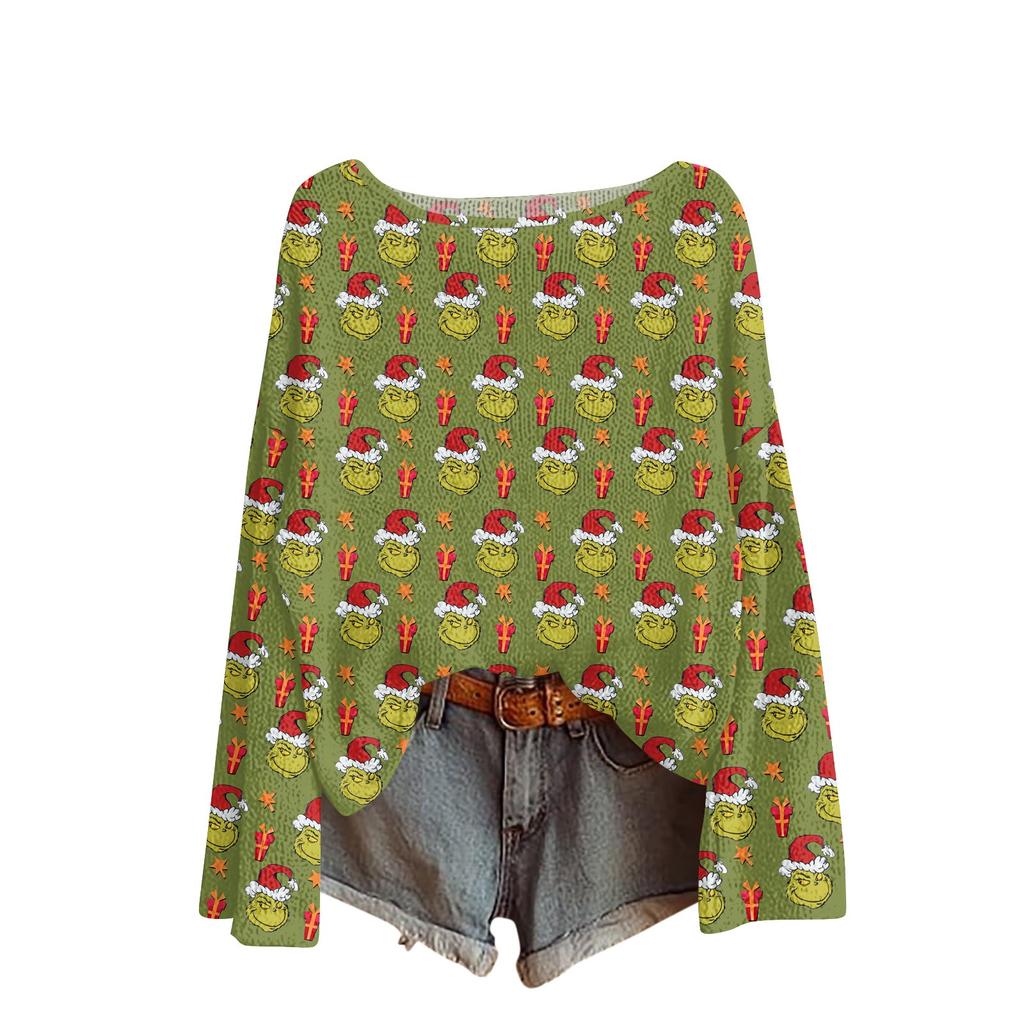 Women's Round Neck Lightweight Sweater Casual Long Sleeve Christmas Print Knit Pullover.