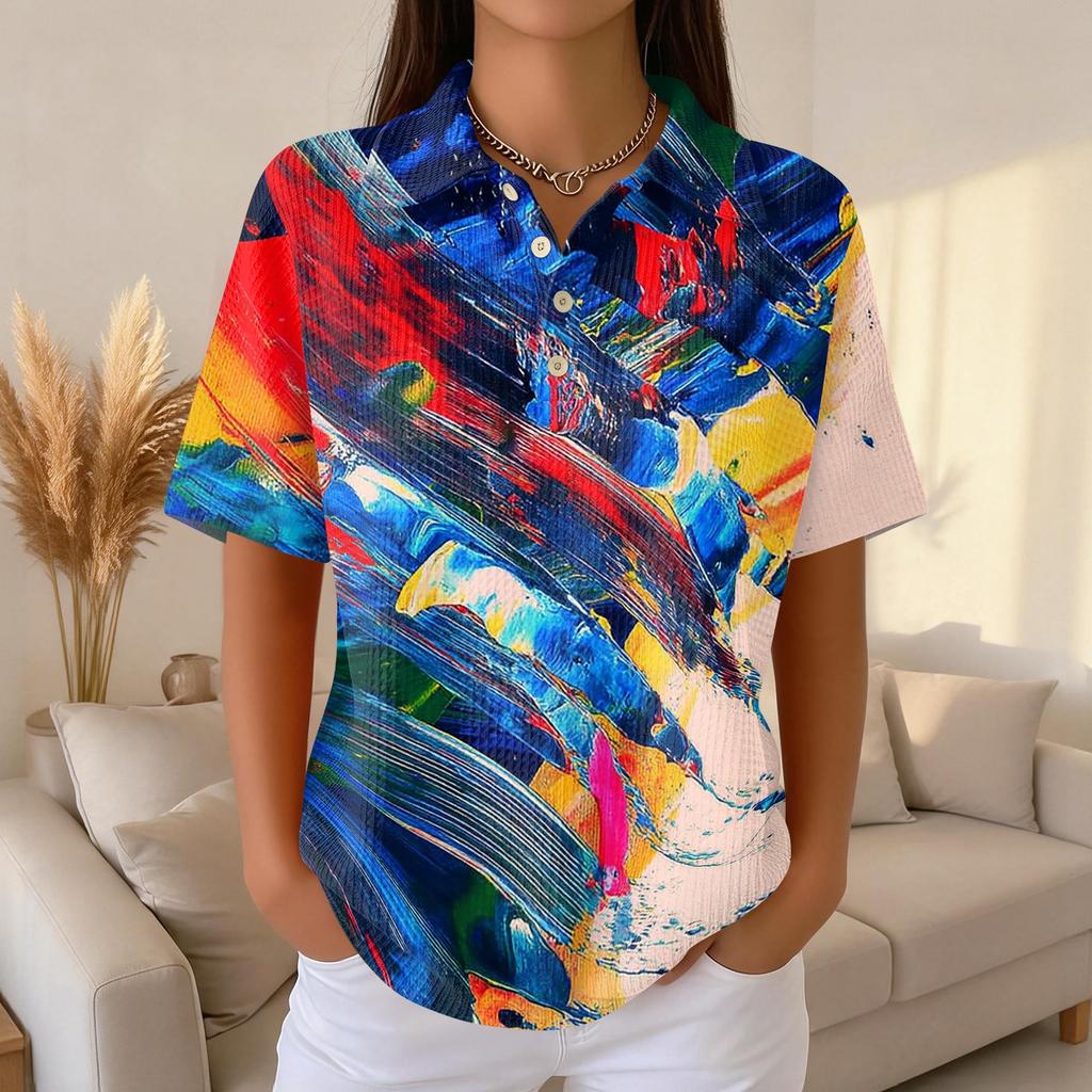 Women’s Casual Short Sleeve Print Polo Shirt with Button Front and Abstract Pattern for Daily Wear