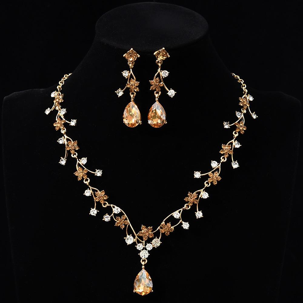 New fashion temperament flower zircon super flash necklace earrings set bridal dress necklace jewelry