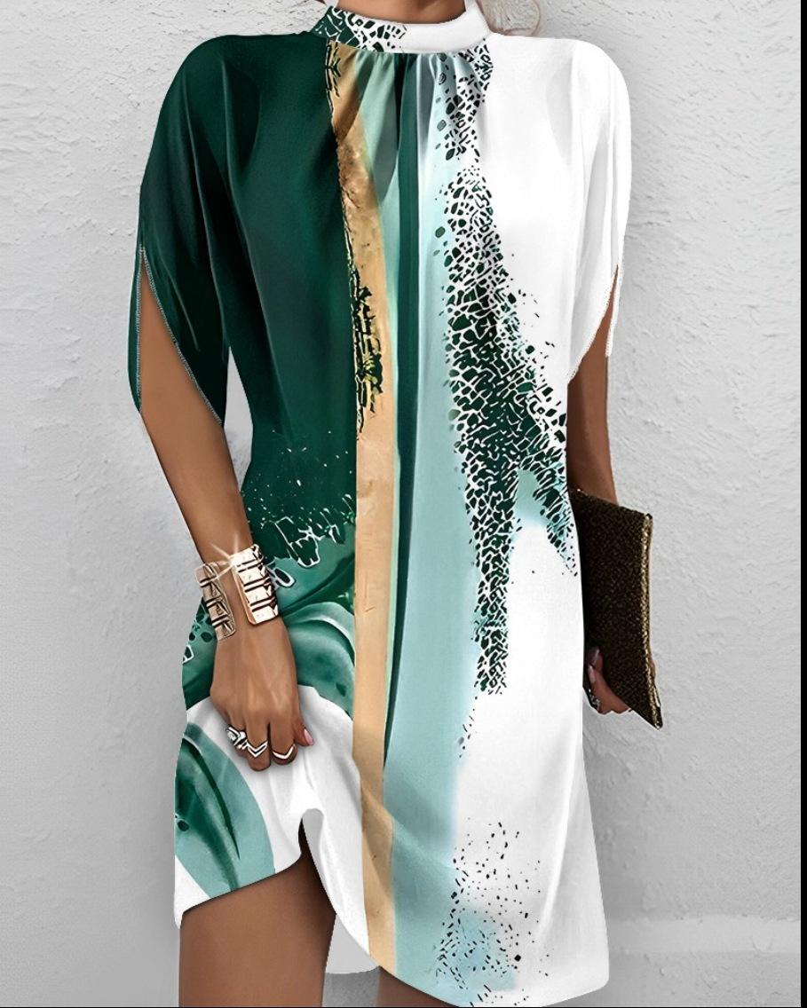 

Женское платье миди А-силуэта с разрезом по подолу, с абстрактным принтом в зеленых и белых тонах, с короткими рукавами для повседневной носки S