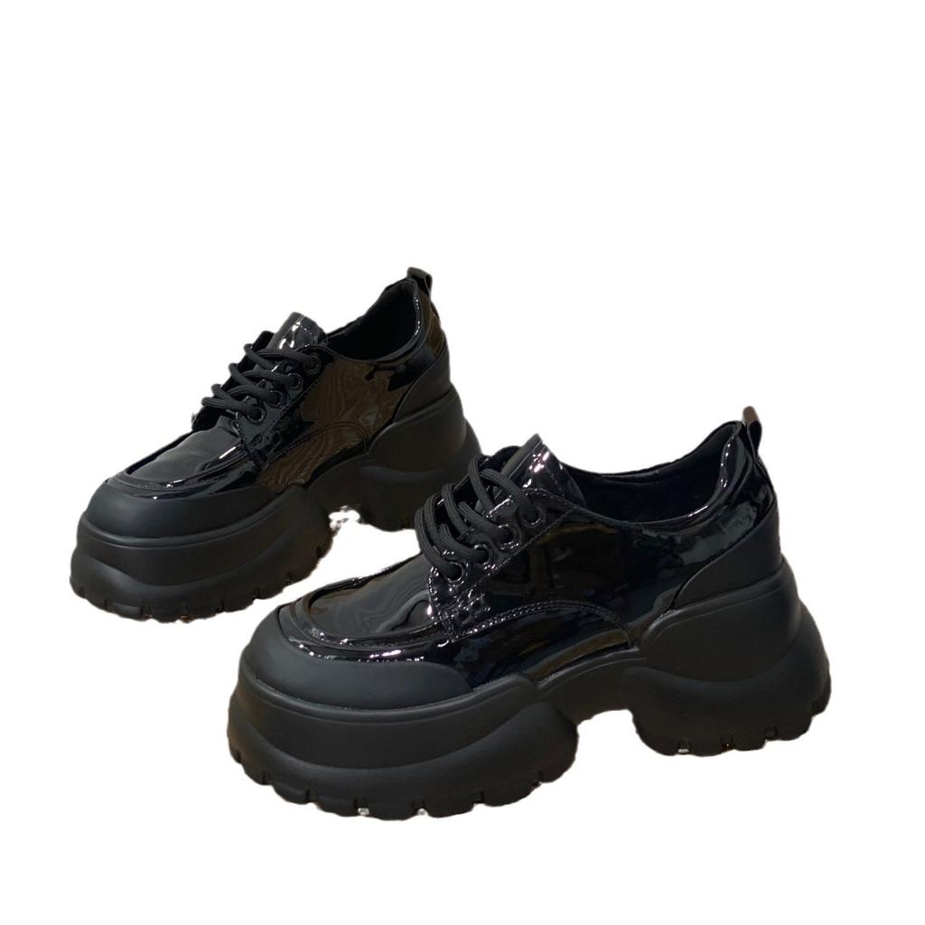 Rundhuvud plattform enkelskor dam svart college stil små läderskor mångsidiga brittiska nya enpedals trend