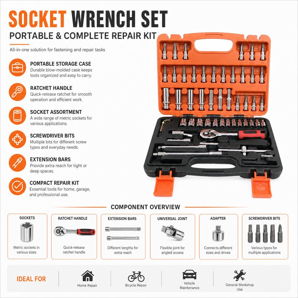 46/53PCS 1/4 Inch Drive Metric Socket Ratchet Wrench Set Extension Bar Hand Operated OEM Carbon Steel Tool Box Set Hard Case