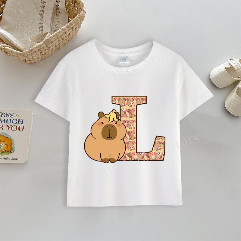 Tričko kapybara Potisk písmen A-Z Top Roztomilý Kreslený Anime Chlapecké Dívčí Oblečení Bavlna Kulatý Výstřih Kojenecké Krátký Rukáv Venkovní Oblečení