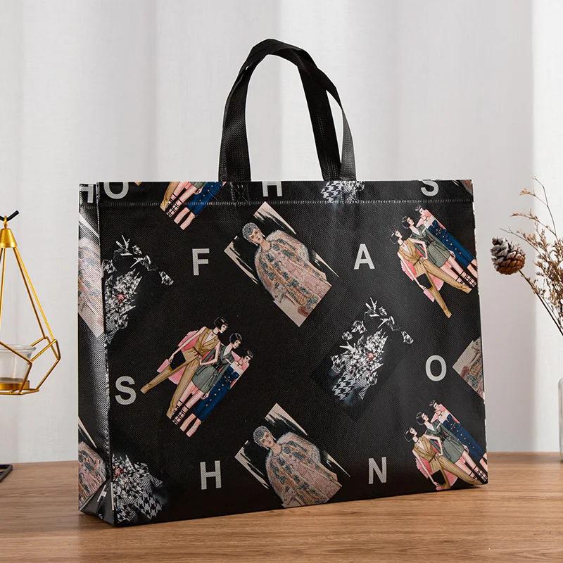 10PCS Rose Printing Packaging Shopping Bag Handle Waterproof Non Woven Fabric Gift Bags Black Clothing Store HandBag