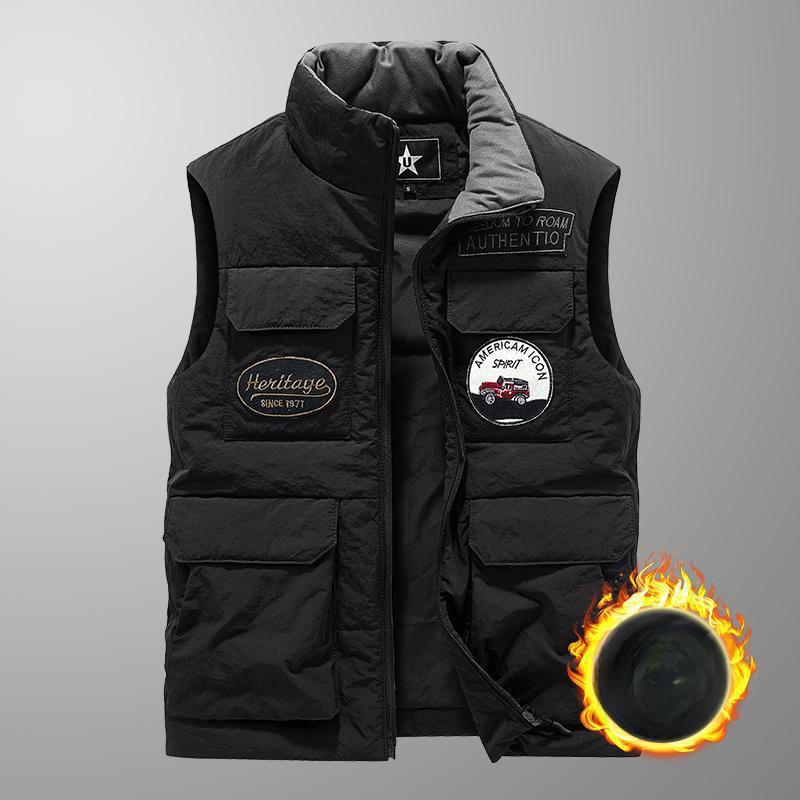 

Autumn and Winter Down Cotton Vest Men s Multi-pocket Thickened Stand-up Collar Men s Black Locomotive Vest Jacket 6XL чорний