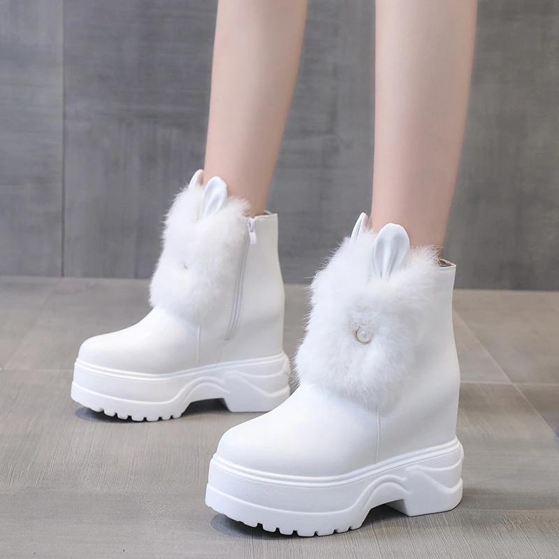 New Chunky Boots Women Rabbit Fur Waterproof High Platform Warm Sneakers Winter Leather Snow Boots 9.5CM Thick Sole Ankle Boots