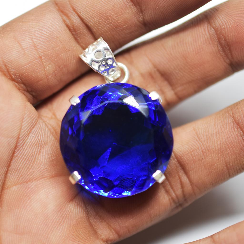 925 Sterling Silber Anhänger Rund Blautopas 95,05 Karat Laborgezüchteter Edelstein MY-395-K