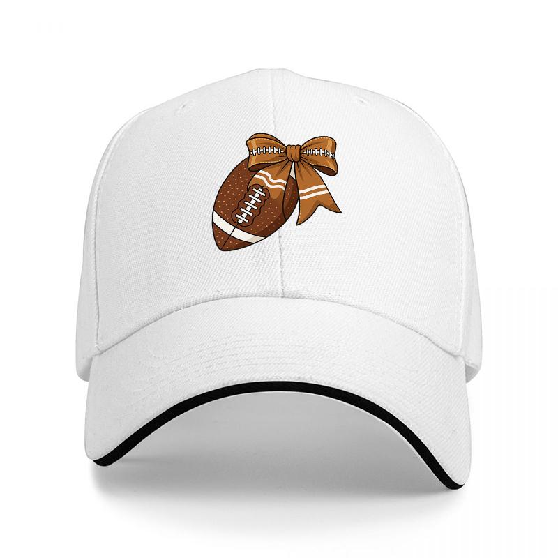 Football Bow Design Baseball Cap with Brown Ribbon and White Stripe Pattern on Black Adjustable Hat for Sports Fans
