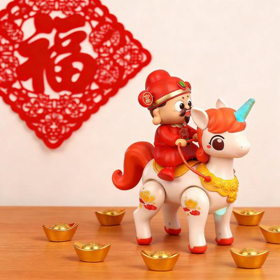 Electric God of Wealth Toy with Music LED Light Cartoon Riding Horse Fortune God Toy with Movable Joints Spring Festival New Year Gift