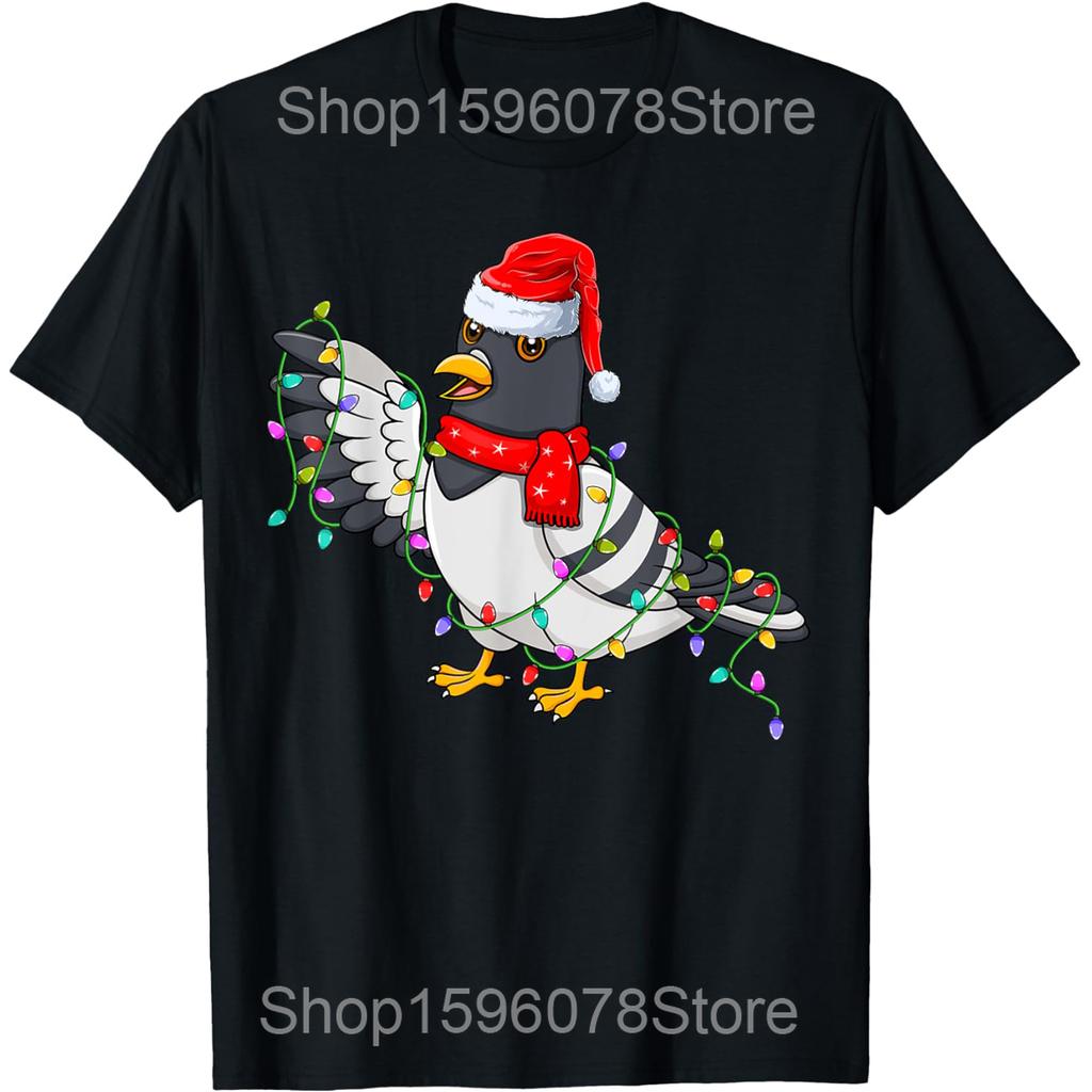 Pigeon Lover Christmas Wearing Santa Xmas T Shirt Men Cotton Humor Streetwear Tee Shirt Short Sleeve Unisex Loose Clothing