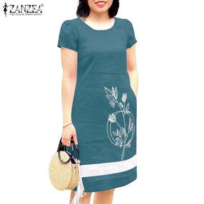 Damen Stickerei Druck Lässiges Rundhals Kurzarm Kleid