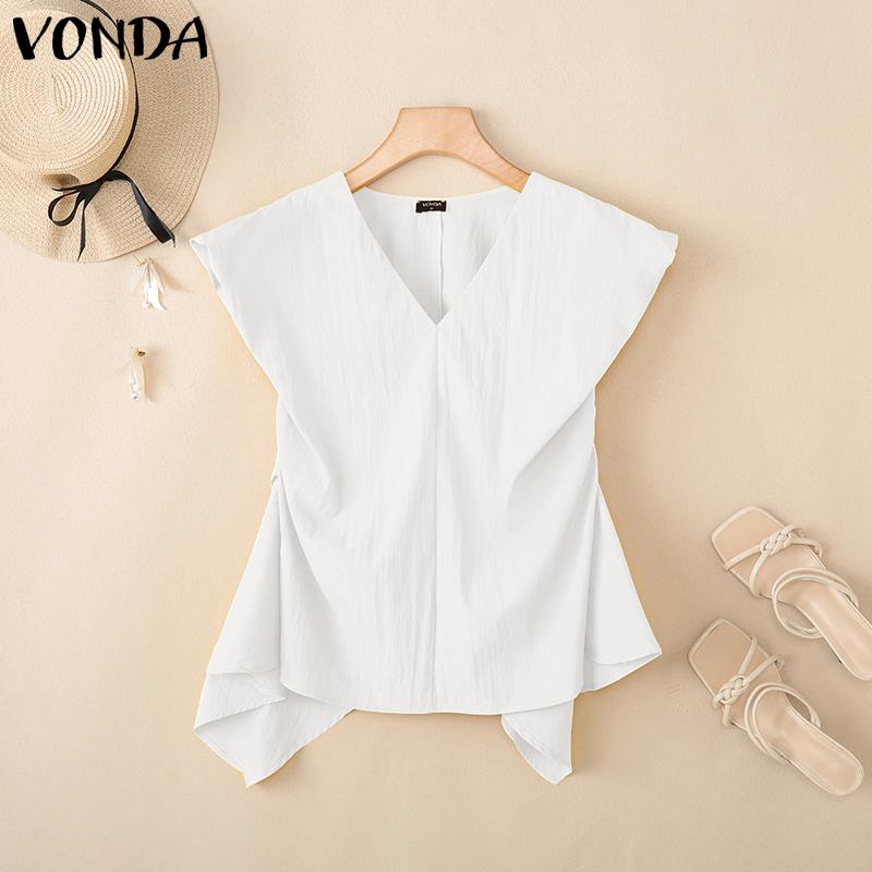 

VONDA Женская блузка с коротким рукавом, нерегулярная, повседневная, однотонная белый