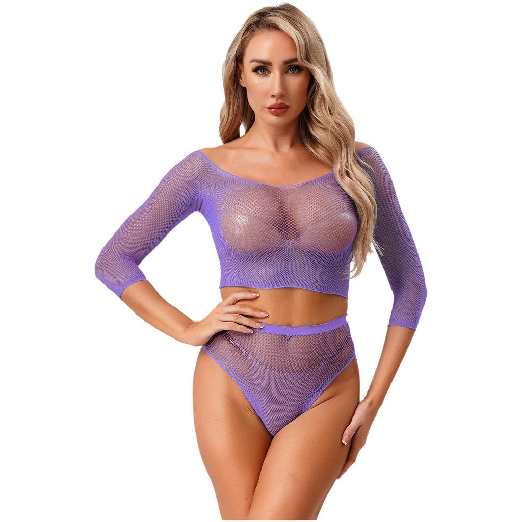 Sexy Women Lingerie Fishnet Top Briefs Set See Through Bikini Cover Couples Role Play Costume Tempting Outfit