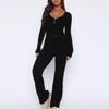 1116 European and American Spring and Autumn New Suit Long Sleeve Button Solid Color Tights Plus Pants Two-piece Set Women