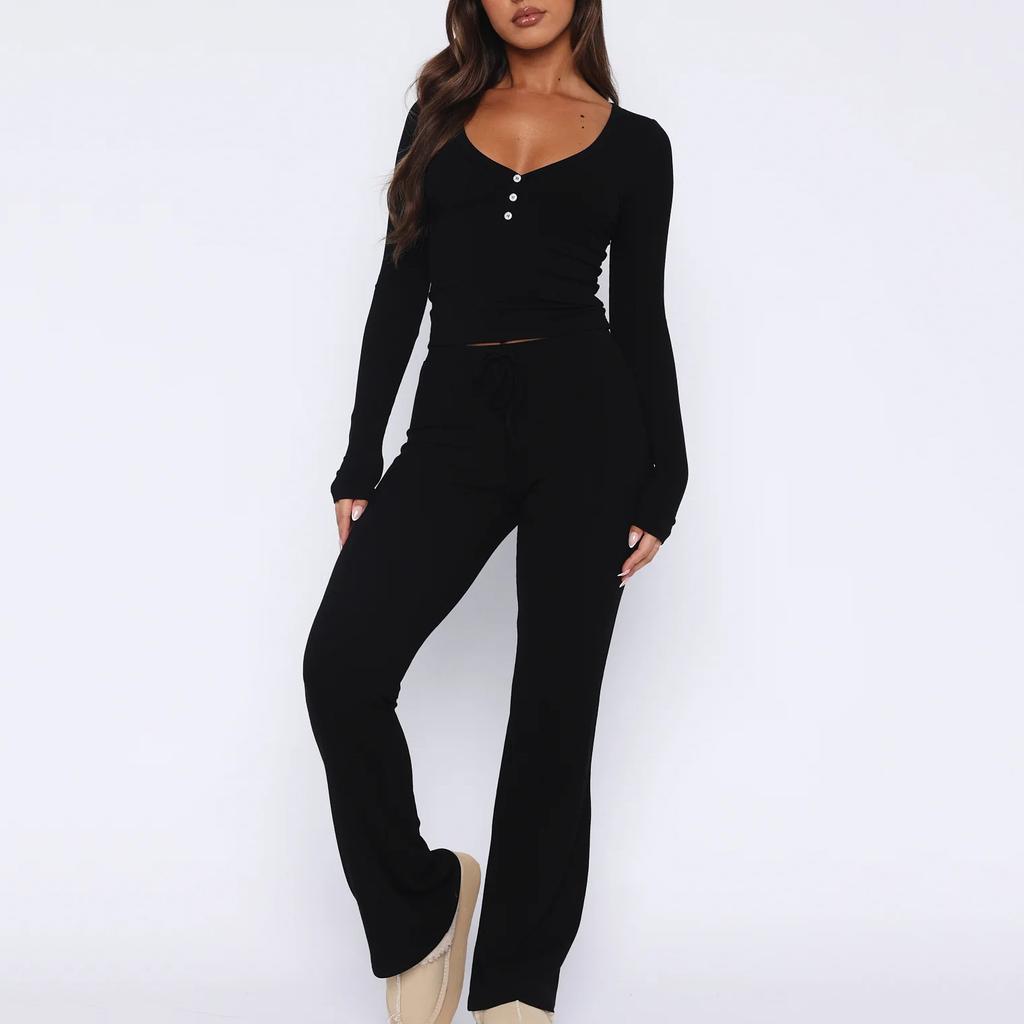 1116 European and American Spring and Autumn New Suit Long Sleeve Button Solid Color Tights Plus Pants Two-piece Set Women