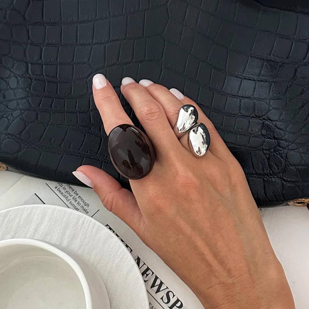 KunJoe 2Pcs/Set New Retro Metal Water Drop Acrylic Ring Women Fashion Geometric Thick Resin Knuckle Rings Set Boho Jewelry