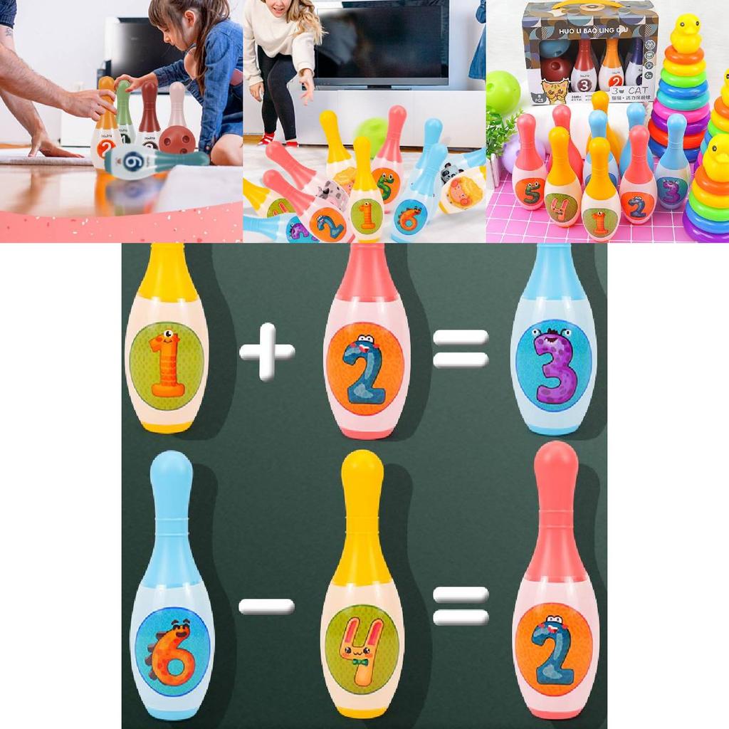 Kids Plastic Bowling Set With 8 Bottles 2 Balls Interactive Indoor Game For Kindergarten Children