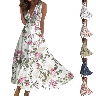 Women's Fashion Summer Small Floral V-Neck Sleeveless Tunic Casual Dresses