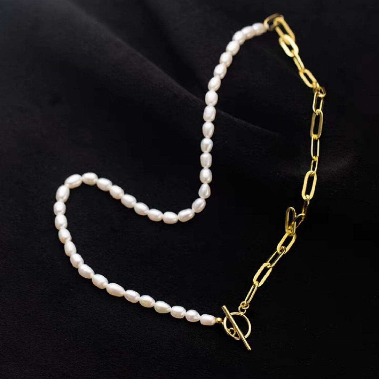 

Rice Grains Freshwater Pearls Link Splicing Ot Buckle Necklace Femininity Fashion Metal Wind Short Collarbone Neck Chain