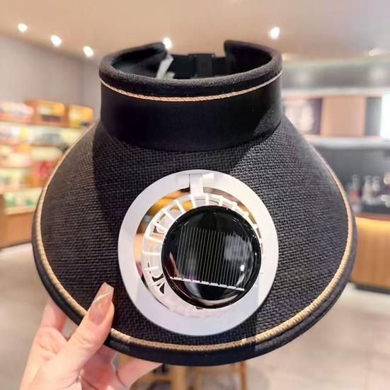 Chapeau de soleil design à sommet vide bord étendu protection solaire intégrale pour tout le visage chapeau avec ventilateur intégré alimenté par énergie solaire circonférence de tête réglable chapeau de paille