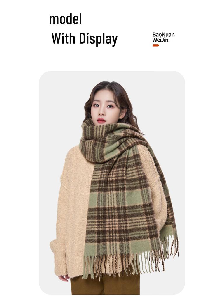 2025 Retro Korean Style Women's Warm Plaid Scarf & Shawl in Brown