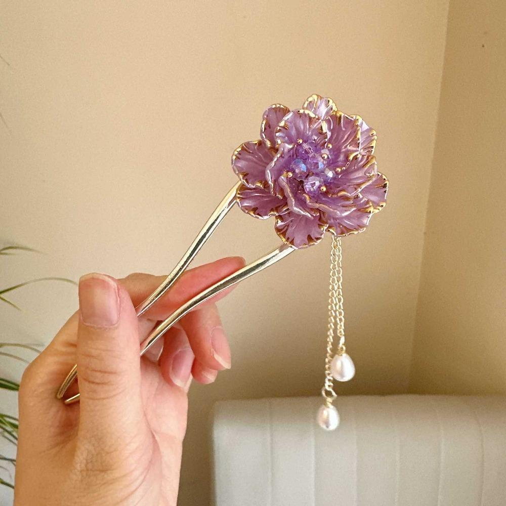 1pc Retro Chinese Style U Shaped Hair Sticks Forks Purple White Flower Designs Pearls Pendant Decor Women Hair Bun Maker Jewelry